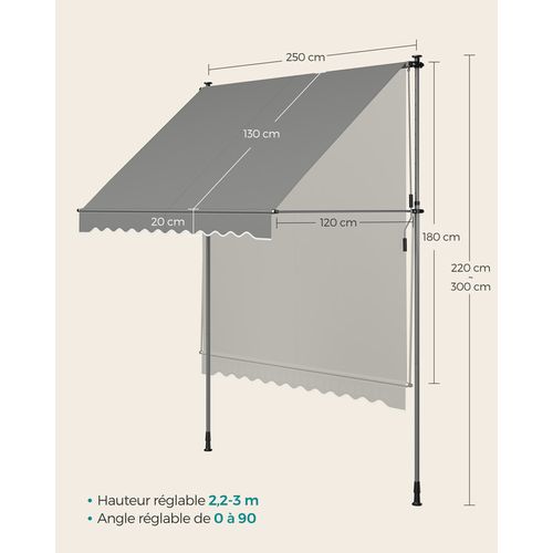 Store Banne Rétractable, Store Manuel, Réglable En Hauteur, Avec Manivelle, 250 X 120 Cm, Gris