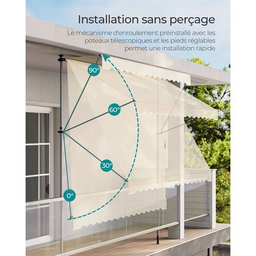Store Banne Rétractable, Store Manuel, Réglable En Hauteur, Avec Manivelle, 300 X 120 Cm, Beige