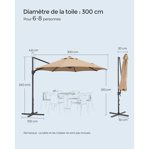 Parasol De Jardin 300 Cm, Upf 50+, Pivotant à 360°, Inclinaison Fluide, Manivelle, Marron Camel