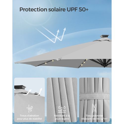Parasol De Jardin 300 Cm, 28 LED Solaires, Pivotant à 360°, Inclinaison Fluide, Gris Tourterelle