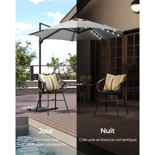 Parasol De Jardin 300 Cm, 28 LED Solaires, Pivotant à 360°, Inclinaison Fluide, Gris Tourterelle
