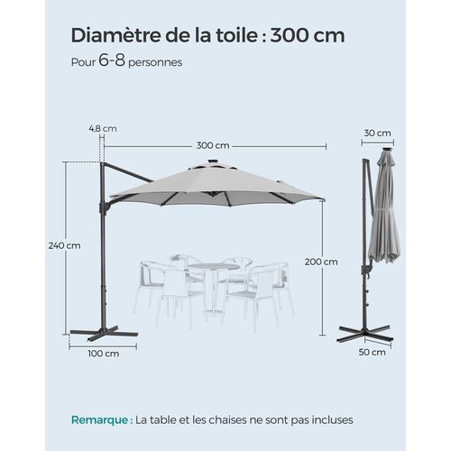 Parasol De Jardin 300 Cm, 28 LED Solaires, Pivotant à 360°, Inclinaison Fluide, Gris Tourterelle