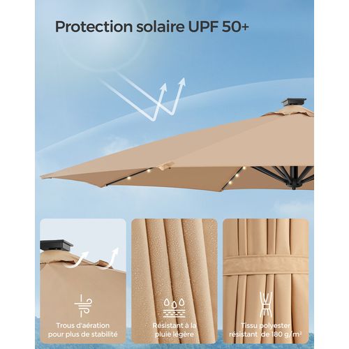 Parasol De Jardin 300 Cm, 28 LED Solaires, Pivotant à 360°, Inclinaison Fluide, Marron Chameau