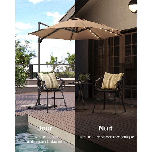 Parasol De Jardin 300 Cm, 28 LED Solaires, Pivotant à 360°, Inclinaison Fluide, Marron Chameau