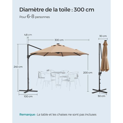 Parasol De Jardin 300 Cm, 28 LED Solaires, Pivotant à 360°, Inclinaison Fluide, Marron Chameau