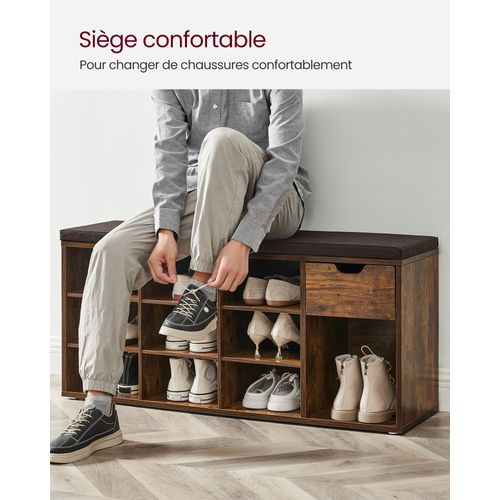 Banc à Chaussures,avec Tiroir Et Compartiments, 30 X 104 X 48 Cm, Marron Rustique Et Marron