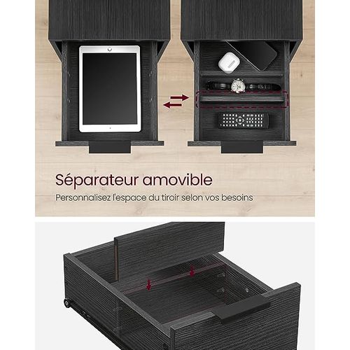Table D’appoint Avec Multiprise, Petite Table Fine Avec 2 Tiroirs, Gris Anthracite Et Noir Classique