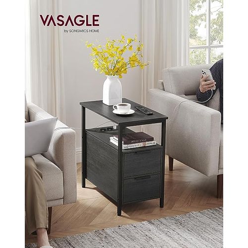 Table D’appoint Avec Multiprise, Petite Table Fine Avec 2 Tiroirs, Gris Anthracite Et Noir Classique