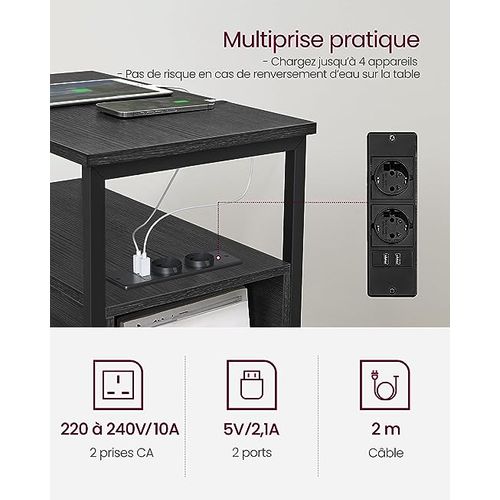 Table D’appoint Avec Multiprise, Petite Table Fine Avec 2 Tiroirs, Gris Anthracite Et Noir Classique