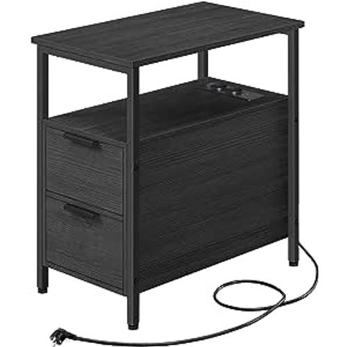 Table D’appoint Avec Multiprise, Petite Table Fine Avec 2 Tiroirs, Gris Anthracite Et Noir Classique