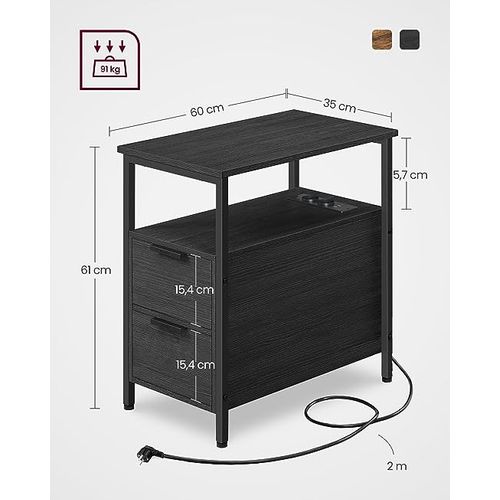 Table D’appoint Avec Multiprise, Petite Table Fine Avec 2 Tiroirs, Gris Anthracite Et Noir Classique