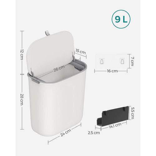 Poubelle De Cuisine Suspendue, 9l, Petite Poubelle Compost, Avec Couvercle, Blanc