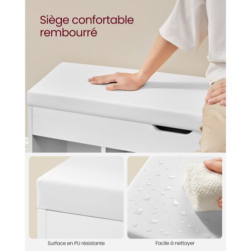 Banc à Chaussures Rembourré, 3 Compartiments, Rangement Caché, Capacité De Charge 136 Kg, Blanc