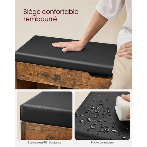 Banc à Chaussures Rembourré, 3 Compartiments, Rangement Caché, Étagères, Marron Rustique