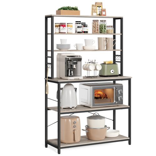 Étagère De Cuisine, 6 Étagères Et 6 Crochets, 40 X 100 X 167 Cm, Grège Et Noir