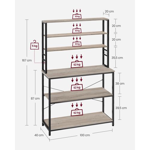 Étagère De Cuisine, 6 Étagères Et 6 Crochets, 40 X 100 X 167 Cm, Grège Et Noir