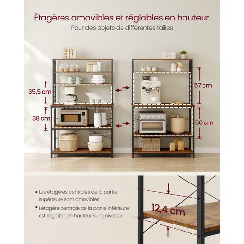 Étagère De Cuisine, 6 Étagères Et 6 Crochets, 40 X 100 X 167 Cm, Marron Rustique Et Noir