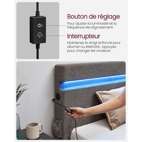 Lit 140 X 190 Cm, Lit Double En Métal, Cadre De Lit, Avec Tête De Lit, Éclairage LED, Gris Foncé