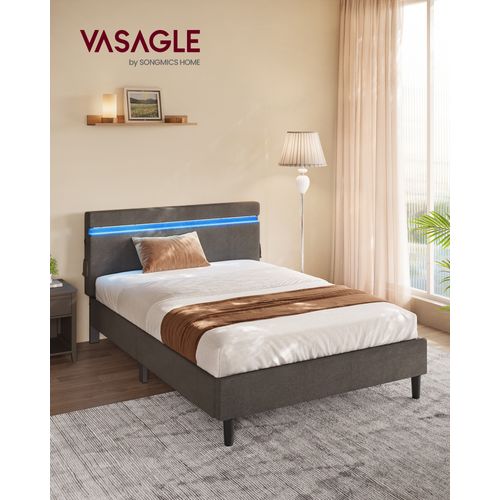 Lit 140 X 190 Cm, Lit Double En Métal, Cadre De Lit, Avec Tête De Lit, Éclairage LED, Gris Foncé