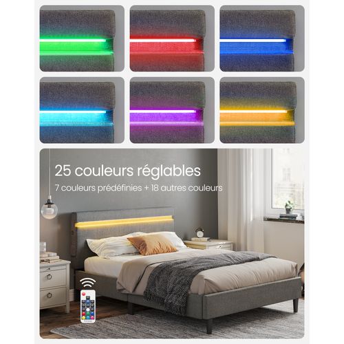 Lit 140 X 190 Cm, Lit Double En Métal, Cadre De Lit, Avec Tête De Lit, Éclairage LED, Gris Foncé