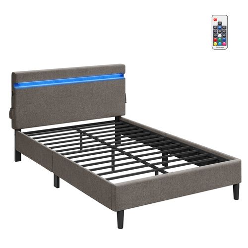 Lit 140 X 190 Cm, Lit Double En Métal, Cadre De Lit, Avec Tête De Lit, Éclairage LED, Gris Foncé