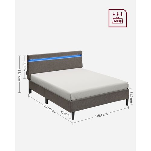 Lit 140 X 190 Cm, Lit Double En Métal, Cadre De Lit, Avec Tête De Lit, Éclairage LED, Gris Foncé