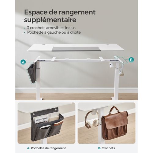 Bureau Assis Debout Électrique, 70 X 160 X (72-120) Cm, Pochette,  Blanc Pur Et Gris Tourterelle