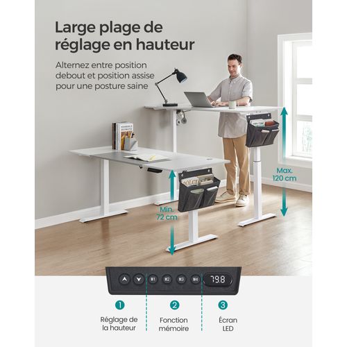 Bureau Assis Debout Électrique, 70 X 160 X (72-120) Cm, Pochette,  Blanc Pur Et Gris Tourterelle