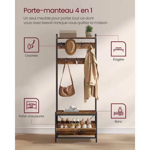 Vestiaire Meuble D’entrée Avec Banc, 7 Crochets Et Étagère, Marron Rustique Et Noir