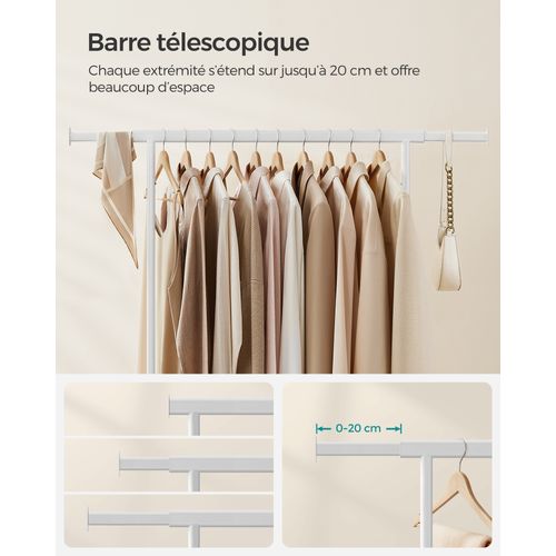 Portant à Vêtements Avec Roulettes, Tringle Extensible Pour Charge Lourde, Blanc Classique