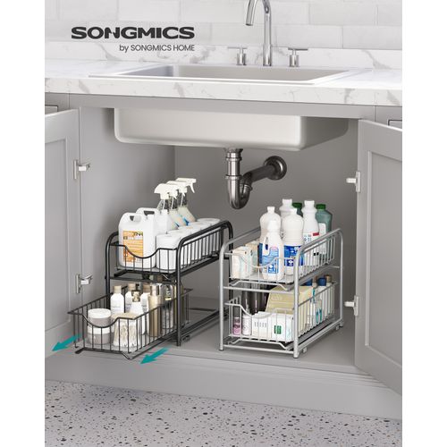 Organiseur De Cuisine, 2 Paniers Coulissants, Empilable, Avec Tiroirs, Noir Classique