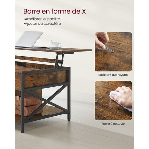 Table Basse, Table De Salon Avec Plateau Relevable, 60 X 120 X (48-62) Cm, Marron Rustique Et Noir