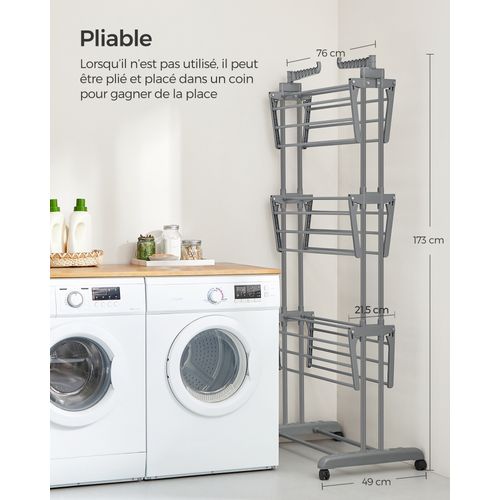 Étendoir à Linge à 4 Niveaux,  Pliable, 63,5 X 128 X 173 Cm, Grande Capacité,  Gris