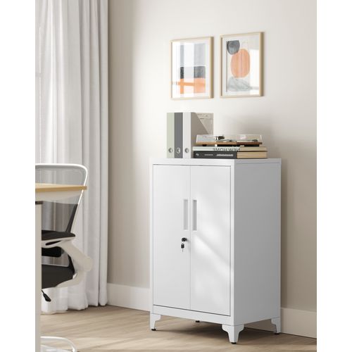 Armoire De Bureau à 2 Portes, Verrouillable, Meuble De Rangement En Acier, Blanc Mat