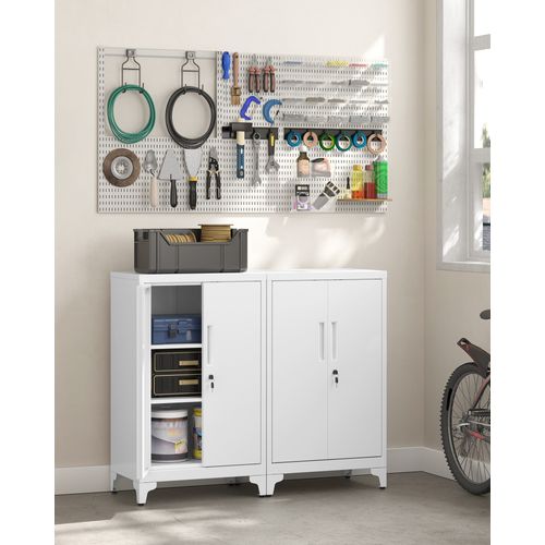 Armoire De Bureau à 2 Portes, Verrouillable, Meuble De Rangement En Acier, Blanc Mat