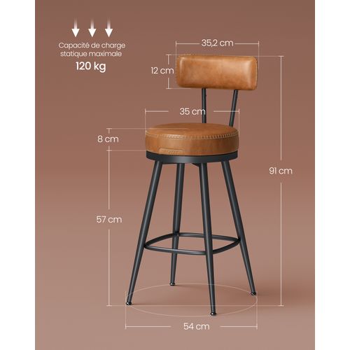 Tabouret De Bar, Lot De 4, Siège Rembourré, Pu Avec Coutures, Hauteur 65 Cm, Marron Caramel