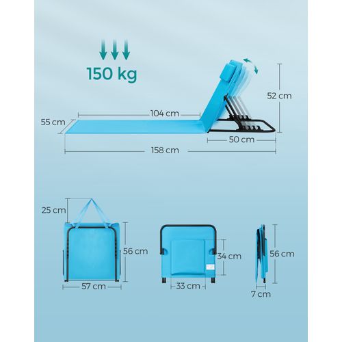 Chaise Longue, Avec Appui-tête, Dossier Inclinable, Avec Bandoulières, 158 X 55 Cm, Bleu Ciel