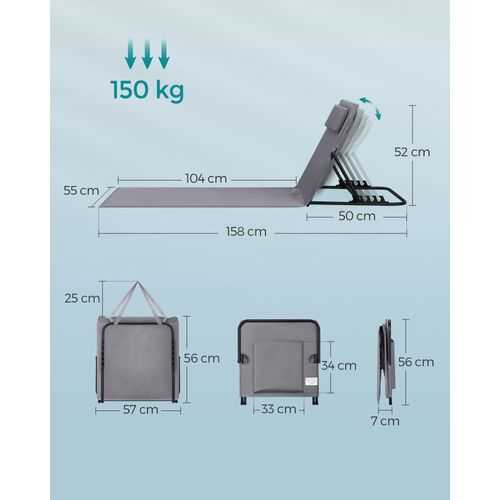 Lot De 2, Chaise Longue, Avec Appui-tête, Dossier Inclinable,avec Bandoulières, 158 X 55 Cm, Gris
