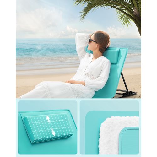 Lot De 2, Chaise Longue, Avec Appui-tête, Dossier Inclinable, Portable, Avec Bandoulières, Bleu Lac