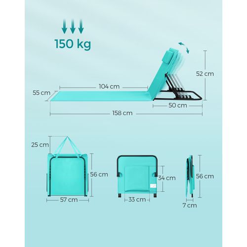 Lot De 2, Chaise Longue, Avec Appui-tête, Dossier Inclinable, Portable, Avec Bandoulières, Bleu Lac