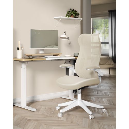Chaise De Bureau, Réglable En Hauteur, Accoudoirs Rabattables, Pivotante Avec Appui-tête, Beige