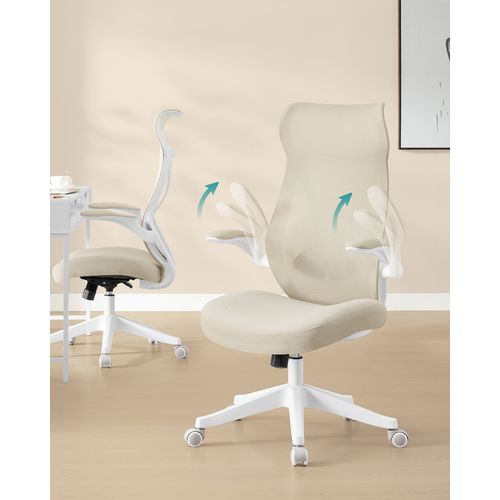 Chaise De Bureau, Réglable En Hauteur, Accoudoirs Rabattables, Pivotante Avec Appui-tête, Beige