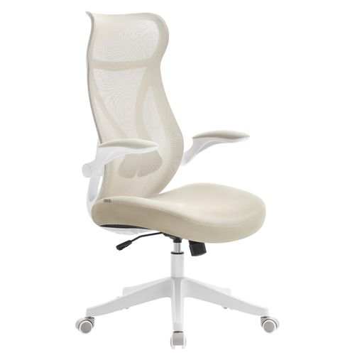 Chaise De Bureau, Réglable En Hauteur, Accoudoirs Rabattables, Pivotante Avec Appui-tête, Beige