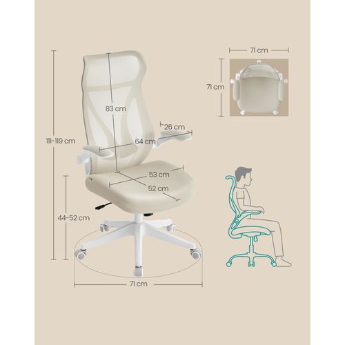 Chaise De Bureau, Réglable En Hauteur, Accoudoirs Rabattables, Pivotante Avec Appui-tête, Beige