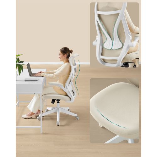 Chaise De Bureau, Réglable En Hauteur, Accoudoirs Rabattables, Pivotante Avec Appui-tête, Beige