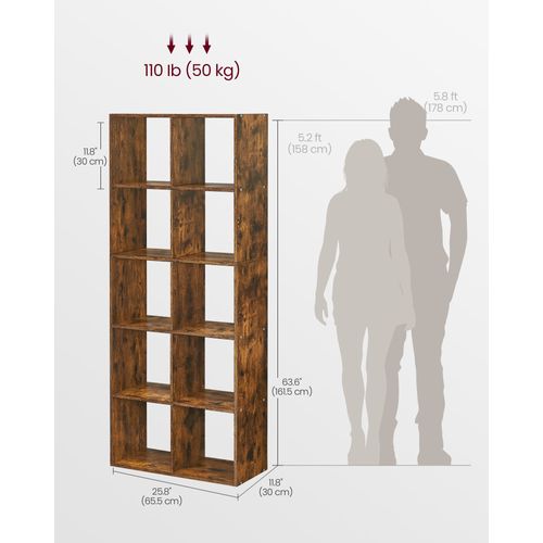 Bibliothèque, Étagère De Rangement 10 Compartiments, Séparateur De Pièce, Marron Rustique