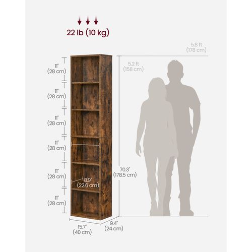 Bibliothèque, Étagère De Rangement 6 Niveaux, Style Industriel, 24 X 40 X 178,5 Cm, Marron Rustique