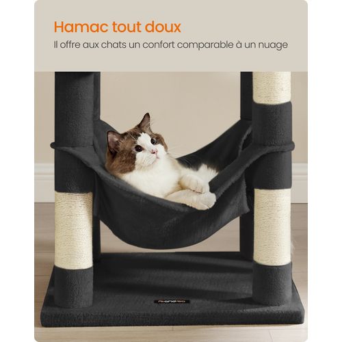Arbre à Chat Hauteur 143 Cm, Avec 4 Poteaux à Griffer, 2 Plateformes, 1 Niche, 1 Hamac, Noir