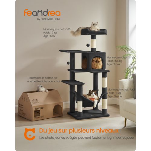 Arbre à Chat Hauteur 143 Cm, Avec 4 Poteaux à Griffer, 2 Plateformes, 1 Niche, 1 Hamac, Noir
