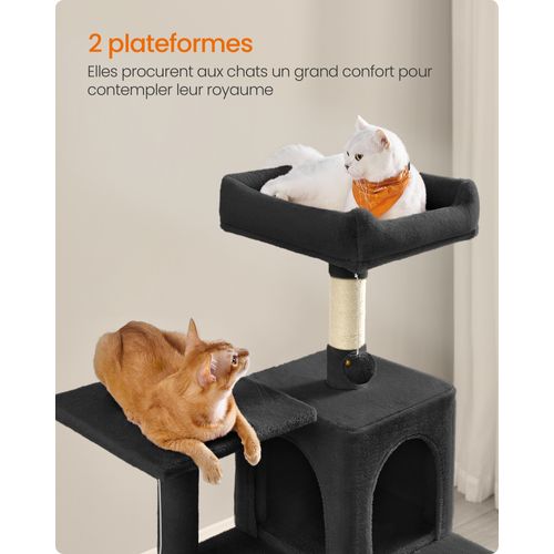 Arbre à Chat Hauteur 143 Cm, Avec 4 Poteaux à Griffer, 2 Plateformes, 1 Niche, 1 Hamac, Noir